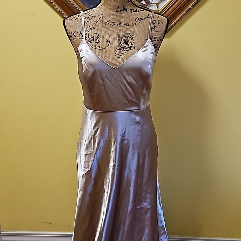 Birdy Grey Gold Satin Sleeveless Maxi Gown Slit Small - Picture 3 of 14